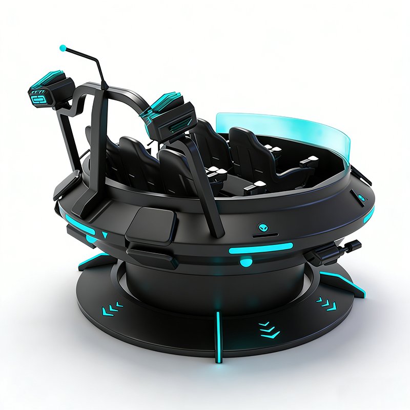 VR Flying Saucer VR motion simulator side view showing UFO-style design and motion platform structure