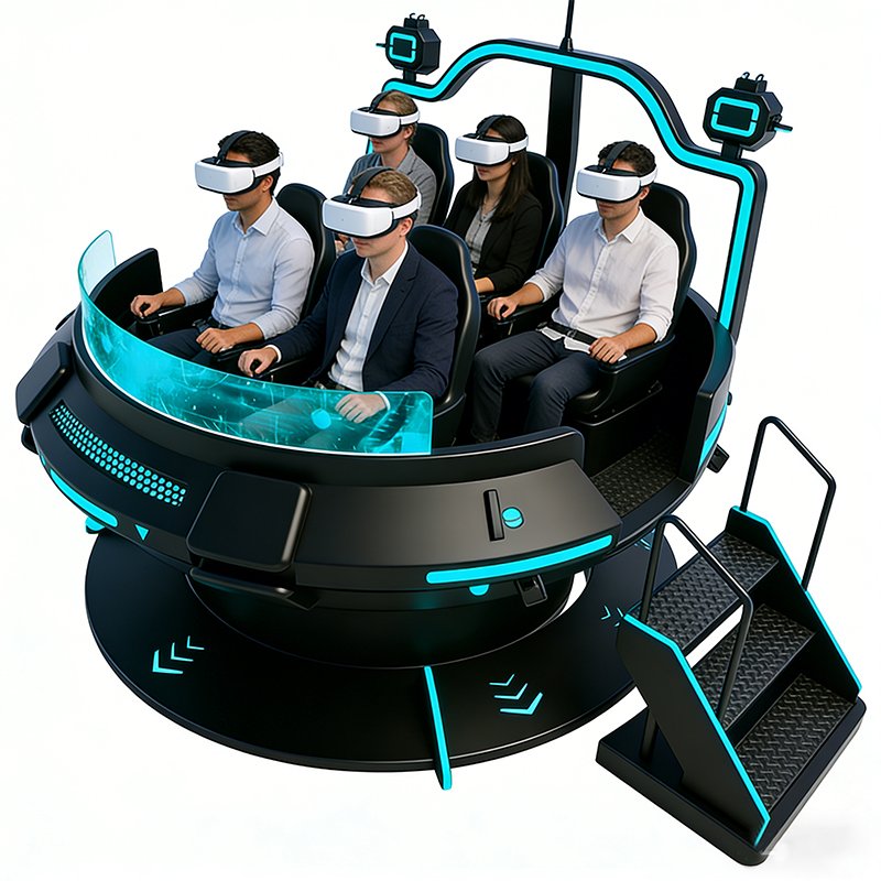 Five players using VR Flying Saucer multiplayer VR motion simulator experiencing immersive VR ride together