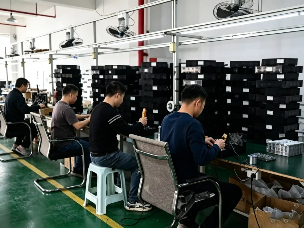 Factory workers assembling Interactive LED Floor Grid tiles during production
