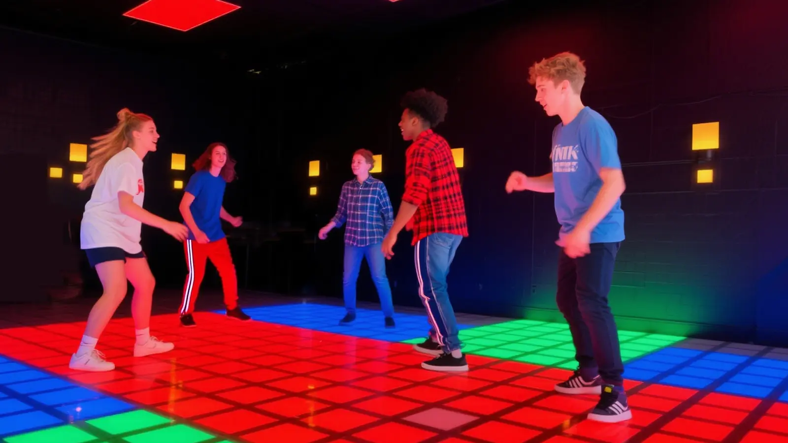 Family playing interactive floor games