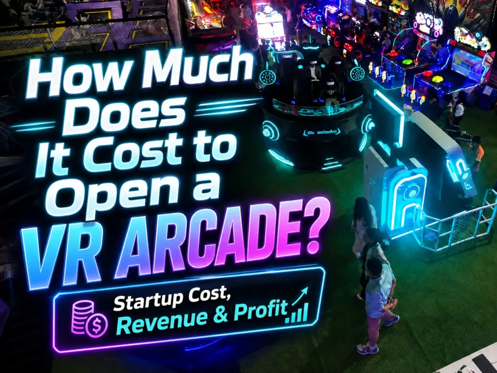 Bright modern VR arcade interior with several commercial simulators running for customers