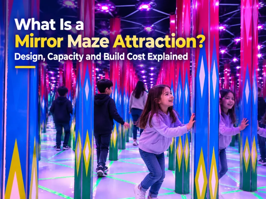 Commercial mirror maze attraction with reflective walls and themed lighting