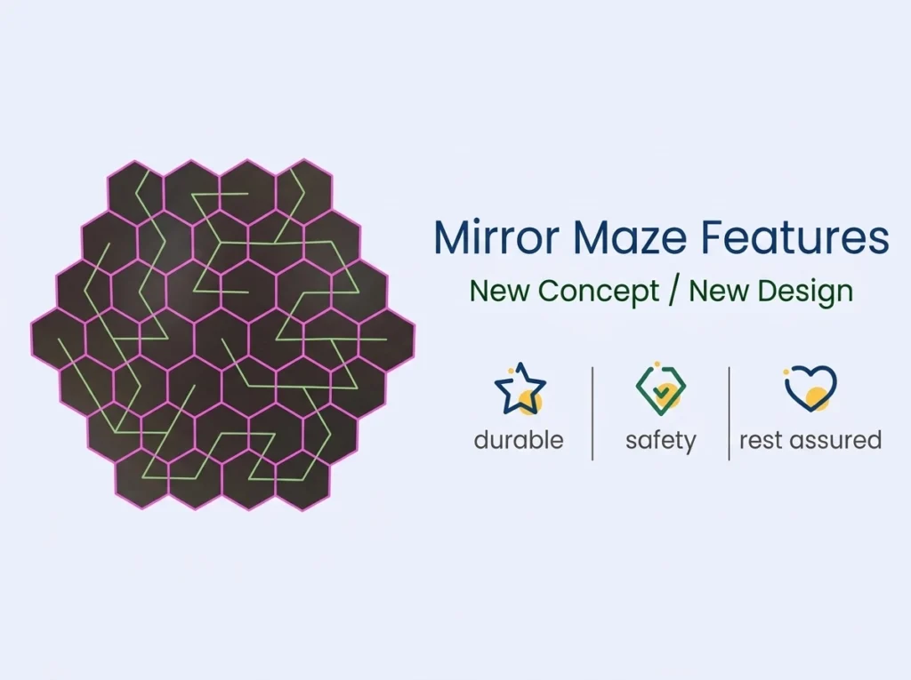 Dimensioned mirror maze layout drawing laid over a venue floor plan