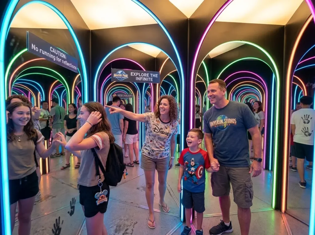 Visitors navigating mirrored corridors inside a mirror maze attraction